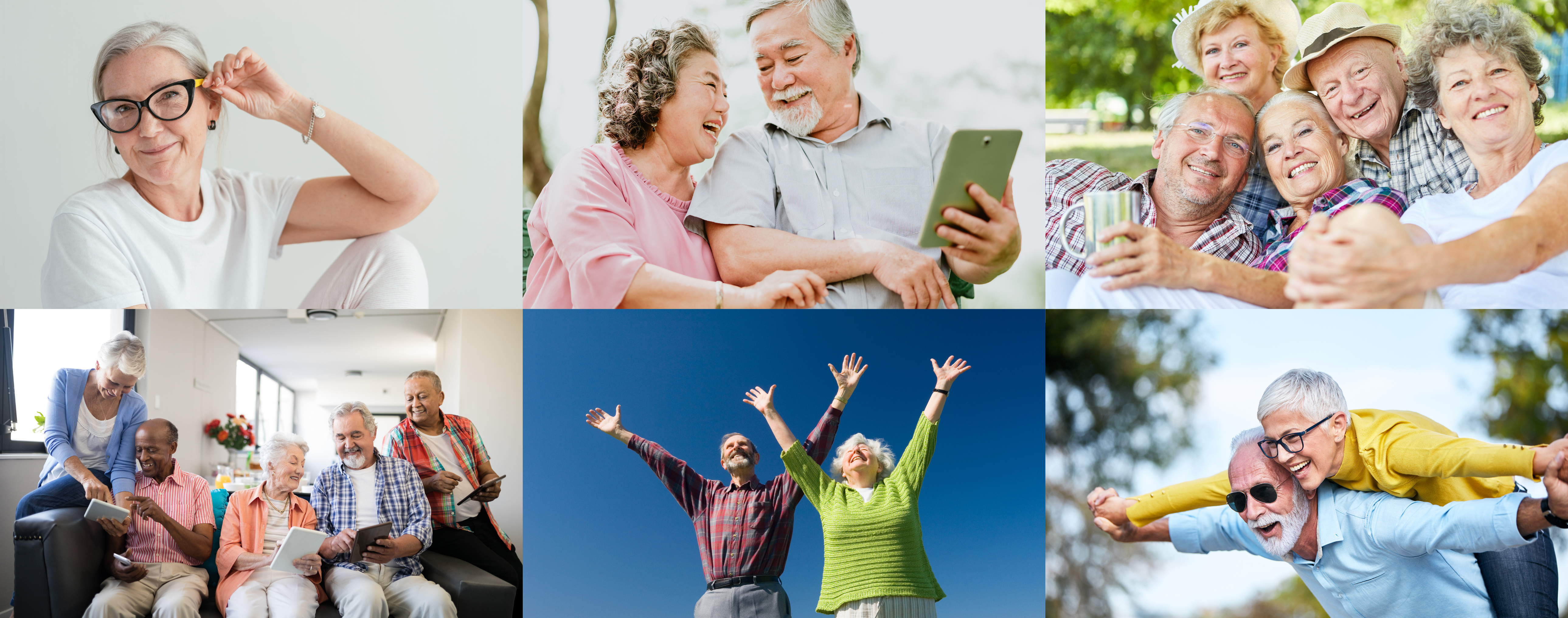Collage of photos featuring older adults living happy active lives