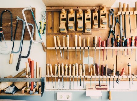 Large selection of different building tools in garage